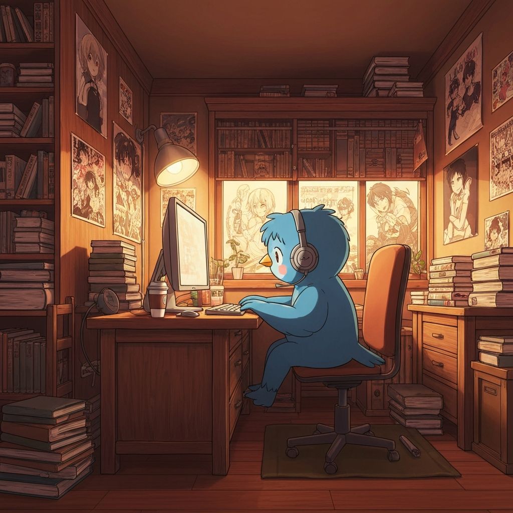 翻訳デスクに座る鳥のキャラクターのアニメ風イラスト