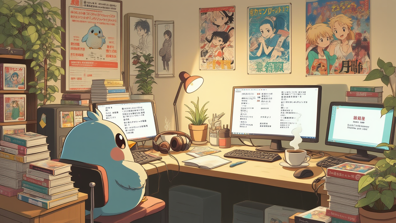 複数のモニターが並ぶ居心地のよいスタジオで作業する鳥のキャラクターのアニメ風イラスト
