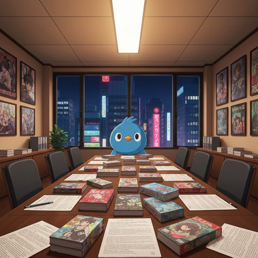 東京の夜景を背景にした翻訳スタジオのアニメ風イラスト